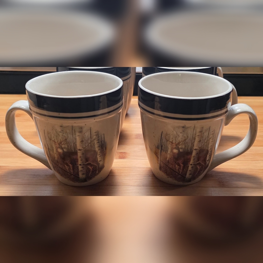 Folkcraft Stoneware White Tail Deer Set of 2 Mugs Coffee Tea Hot Chocolate